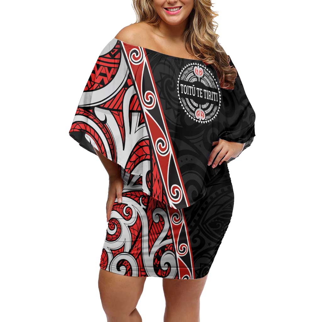 Aotearoa Toitu Te Tiriti Family Matching Off Shoulder Short Dress and Hawaiian Shirt Honour The Treaty New Zealand LT01 Mom's Dress Black - Polynesian Pride