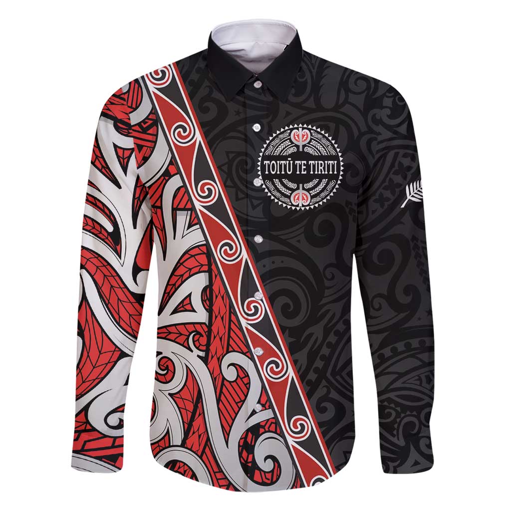 Aotearoa Toitu Te Tiriti Family Matching Tank Maxi Dress and Hawaiian Shirt Honour The Treaty New Zealand LT01 Dad's Shirt - Long Sleeve Black - Polynesian Pride