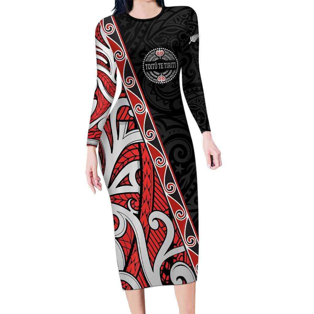 Aotearoa Toitu Te Tiriti Long Sleeve Bodycon Dress Honour The Treaty New Zealand LT01 Long Dress Black - Polynesian Pride