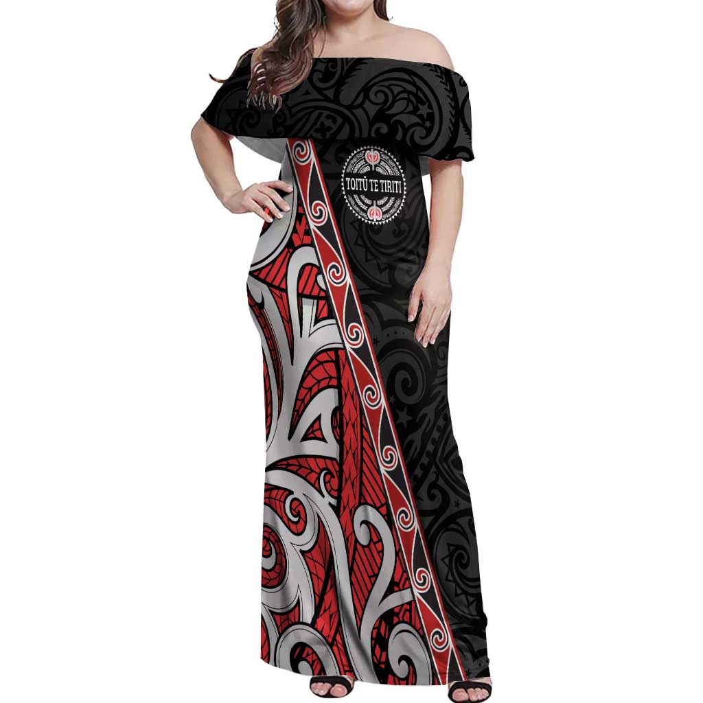 Aotearoa Toitu Te Tiriti Off Shoulder Maxi Dress Honour The Treaty New Zealand LT01 Women Black - Polynesian Pride