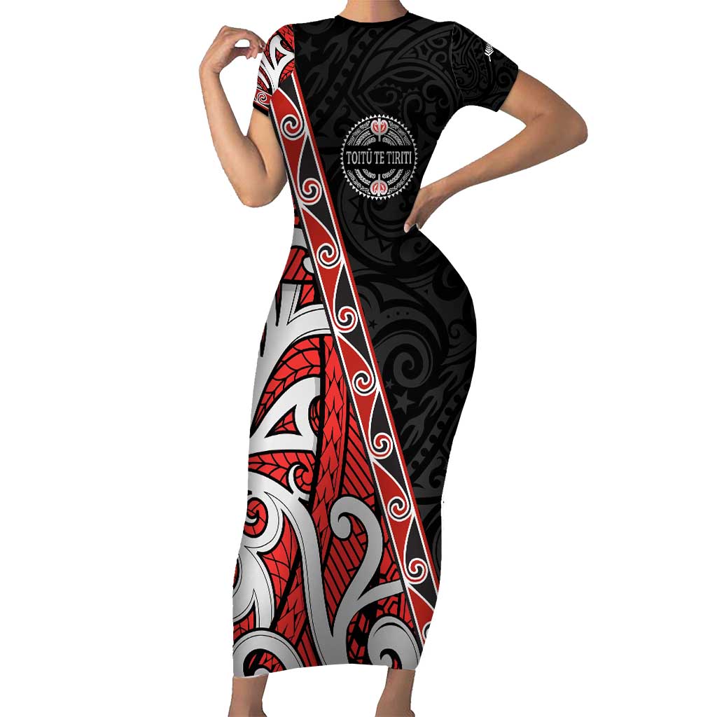 Aotearoa Toitu Te Tiriti Short Sleeve Bodycon Dress Honour The Treaty New Zealand LT01 Long Dress Black - Polynesian Pride