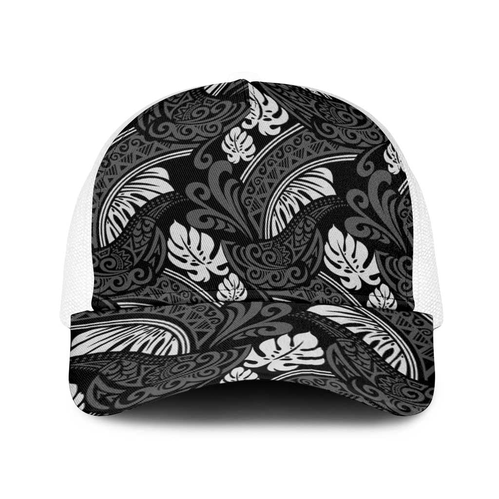 Grayscale Monstera Baseball Net Cap Polynesian Tribal Pattern - Polynesian Pride
