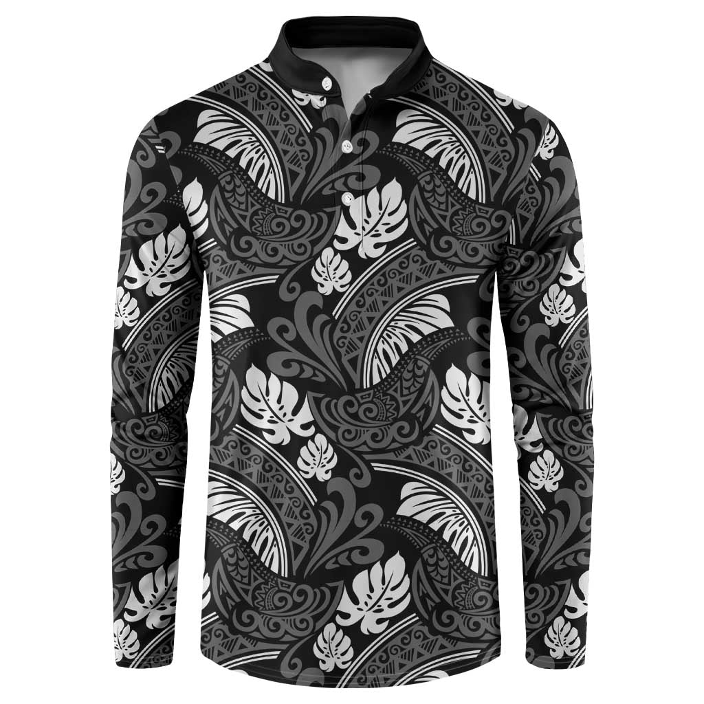 Grayscale Monstera Button Sweatshirt Polynesian Tribal Pattern LT01 Black - Polynesian Pride