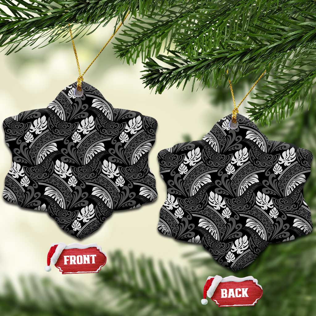 Grayscale Monstera Ceramic Ornament Polynesian Tribal Pattern - Polynesian Pride