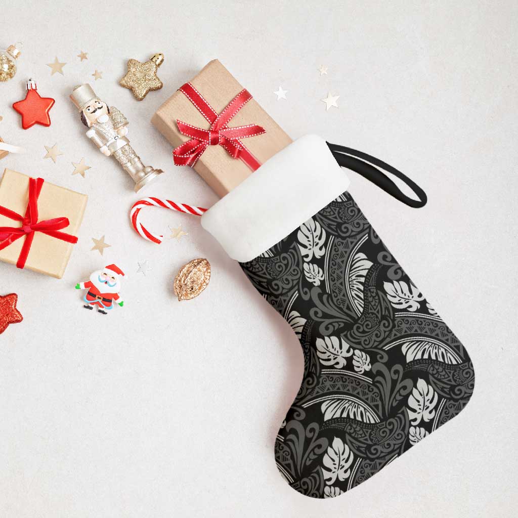 Grayscale Monstera Christmas Stocking Polynesian Tribal Pattern - Polynesian Pride