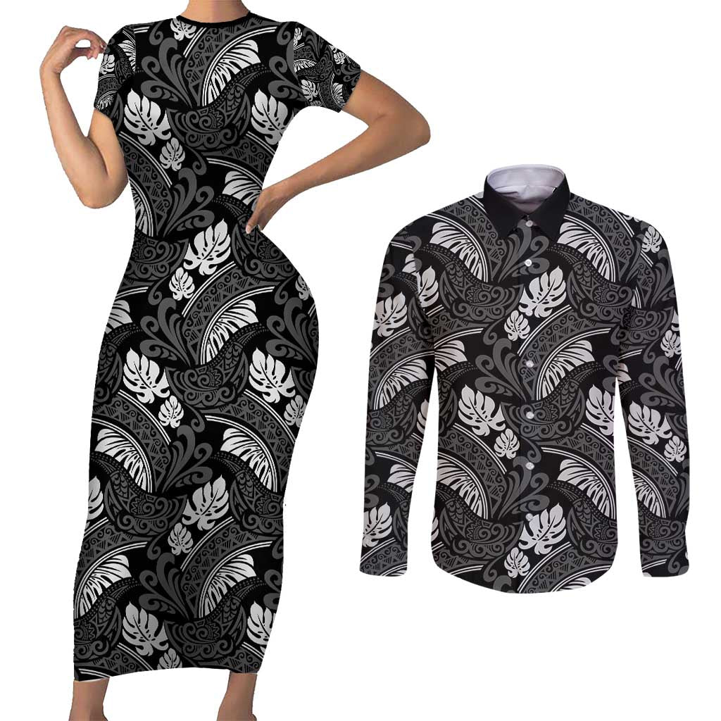 Grayscale Monstera Couples Matching Short Sleeve Bodycon Dress and Long Sleeve Button Shirt Polynesian Tribal Pattern LT01 Black - Polynesian Pride