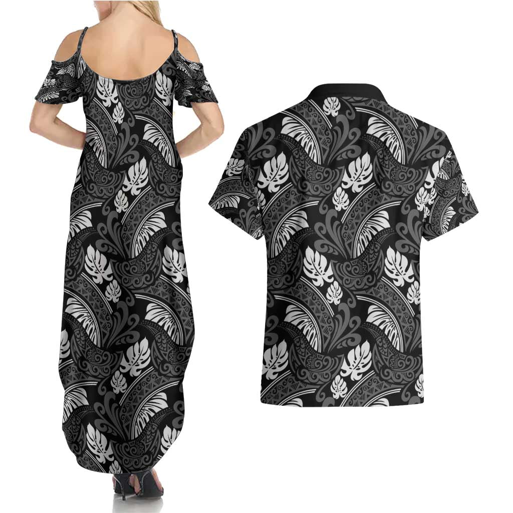 Grayscale Monstera Couples Matching Summer Maxi Dress and Hawaiian Shirt Polynesian Tribal Pattern LT01 - Polynesian Pride