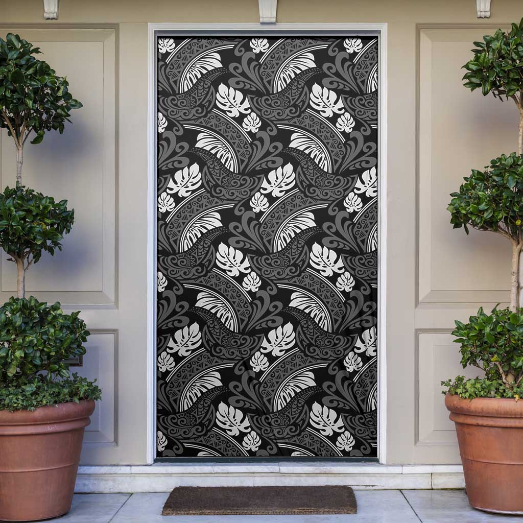 Grayscale Monstera Door Cover Polynesian Tribal Pattern LT01 Black - Polynesian Pride