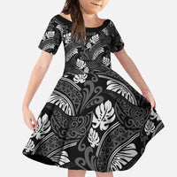 Grayscale Monstera Family Matching Off Shoulder Maxi Dress and Hawaiian Shirt Polynesian Tribal Pattern - Polynesian Pride