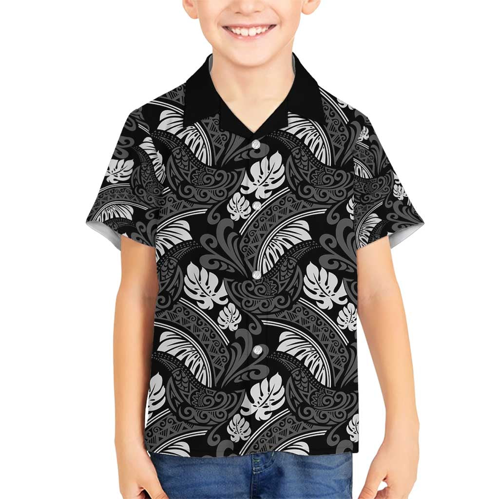 Grayscale Monstera Family Matching Off Shoulder Maxi Dress and Hawaiian Shirt Polynesian Tribal Pattern - Polynesian Pride