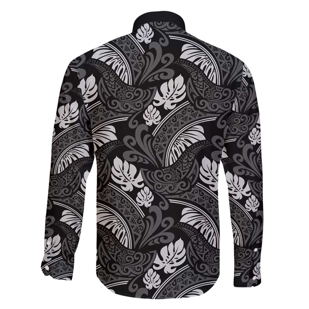 Grayscale Monstera Family Matching Off Shoulder Short Dress and Hawaiian Shirt Polynesian Tribal Pattern - Polynesian Pride