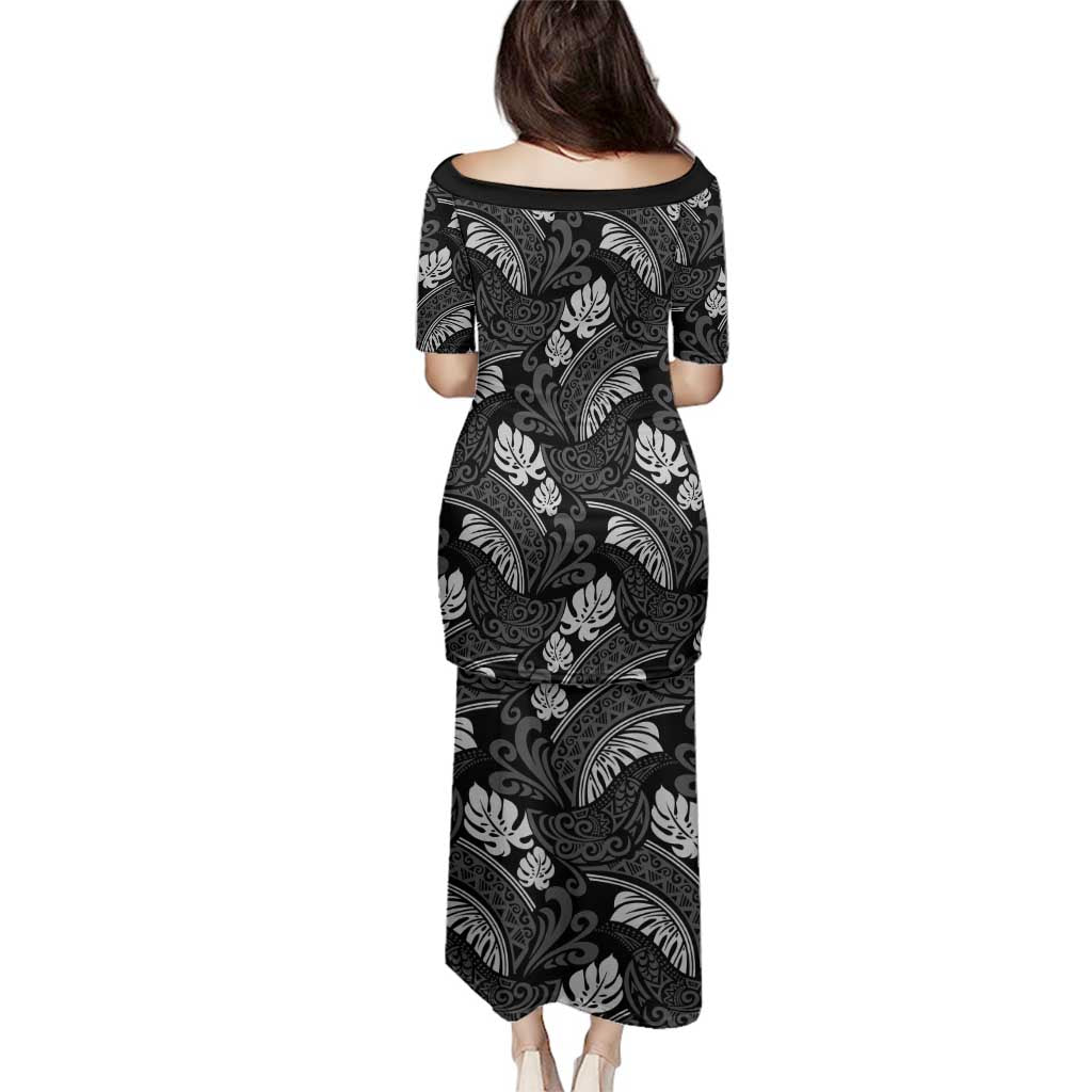 Grayscale Monstera Family Matching Puletasi and Hawaiian Shirt Polynesian Tribal Pattern - Polynesian Pride