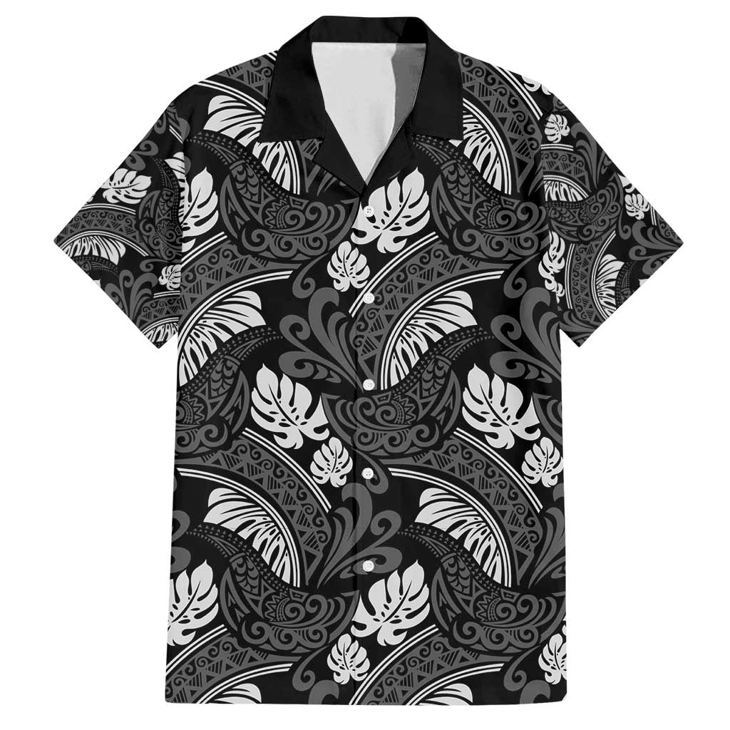 Grayscale Monstera Family Matching Tank Maxi Dress and Hawaiian Shirt Polynesian Tribal Pattern LT01 Dad's Shirt - Short Sleeve Black - Polynesian Pride