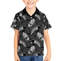 Grayscale Monstera Family Matching Tank Maxi Dress and Hawaiian Shirt Polynesian Tribal Pattern LT01 Son's Shirt Black - Polynesian Pride
