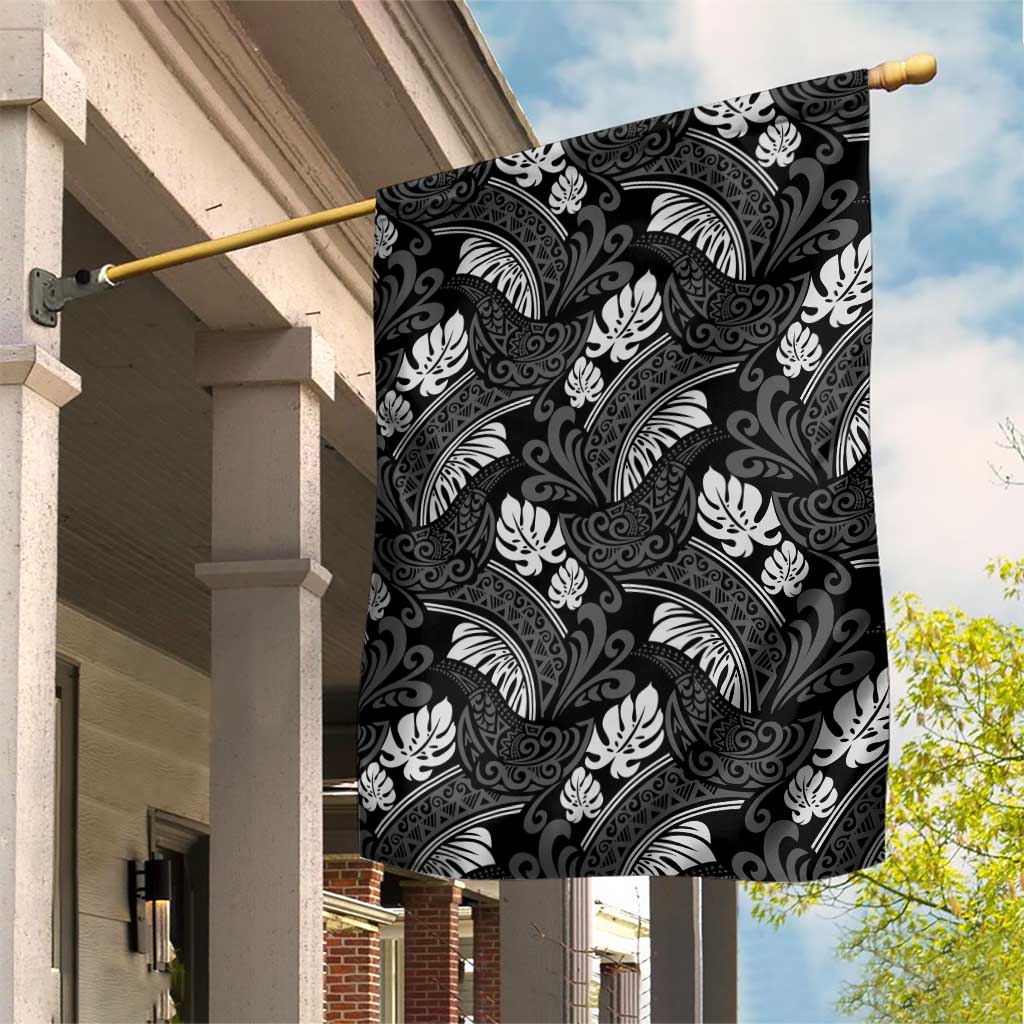 Grayscale Monstera Garden Flag Polynesian Tribal Pattern LT01 House Flag Black - Polynesian Pride