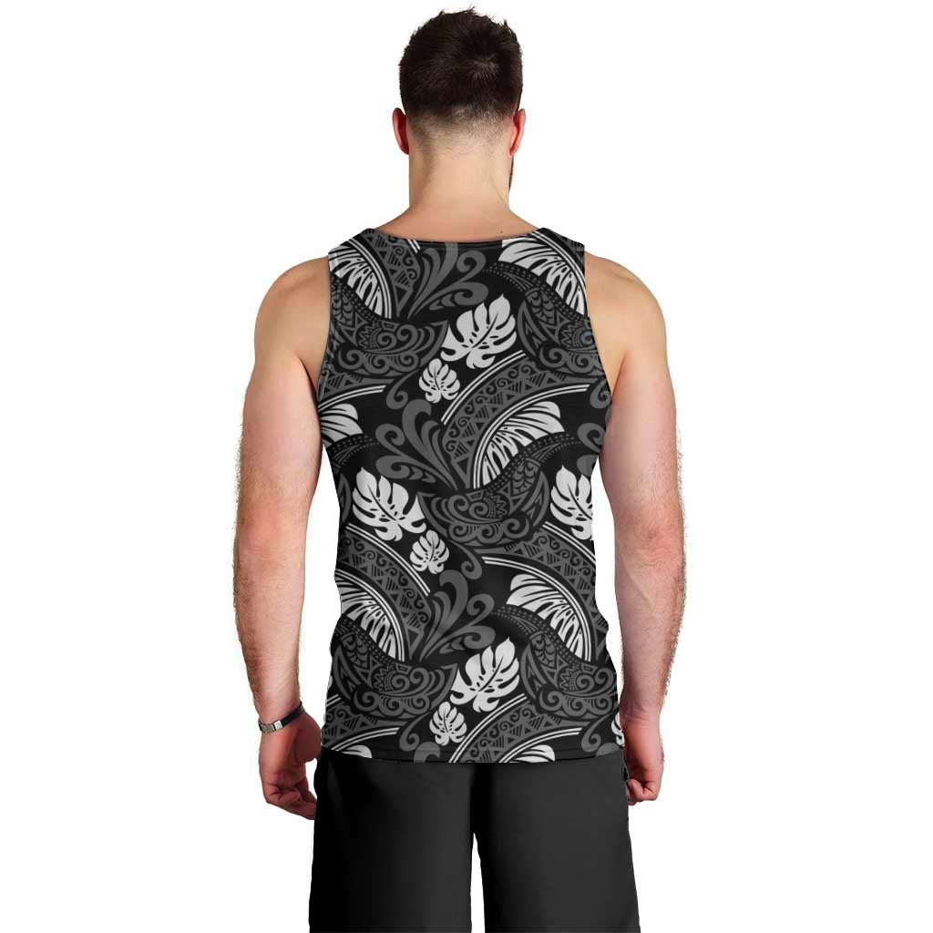 Grayscale Monstera Men Tank Top Polynesian Tribal Pattern - Polynesian Pride