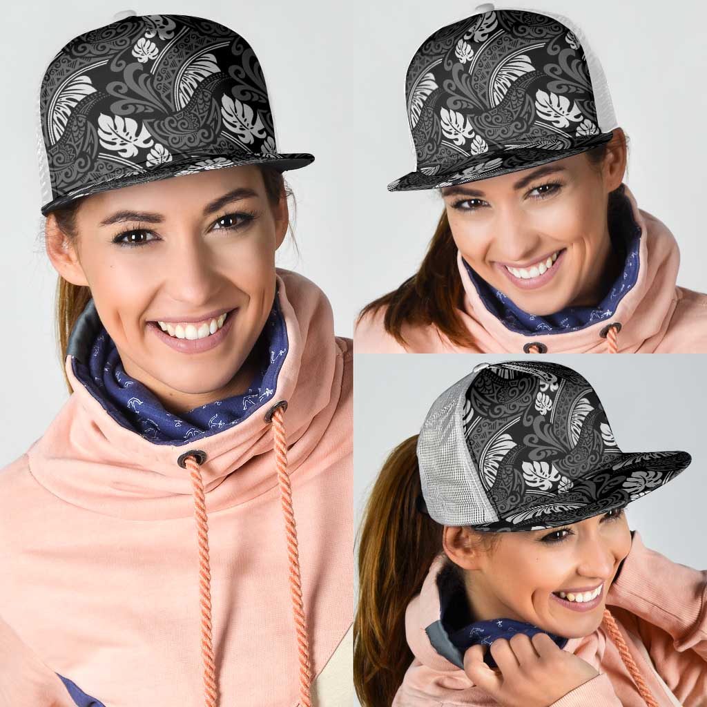 Grayscale Monstera Mesh Trucker Cap Polynesian Tribal Pattern - Polynesian Pride