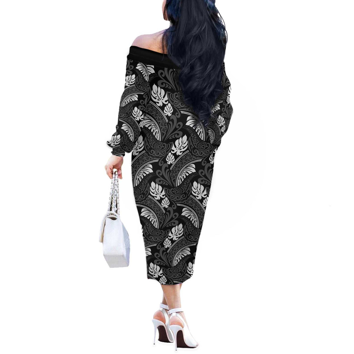 Grayscale Monstera Off The Shoulder Long Sleeve Dress Polynesian Tribal Pattern LT01 - Polynesian Pride