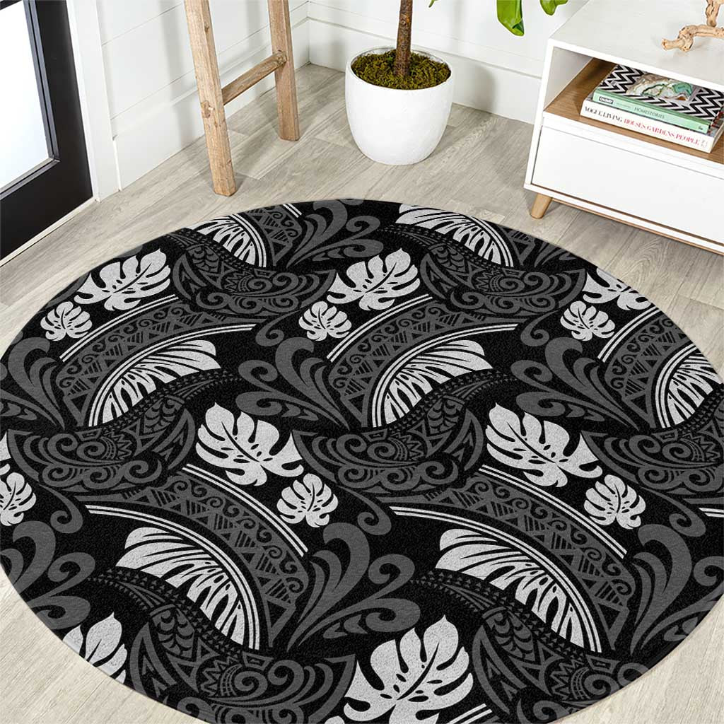 Grayscale Monstera Round Carpet Polynesian Tribal Pattern LT01 Black - Polynesian Pride