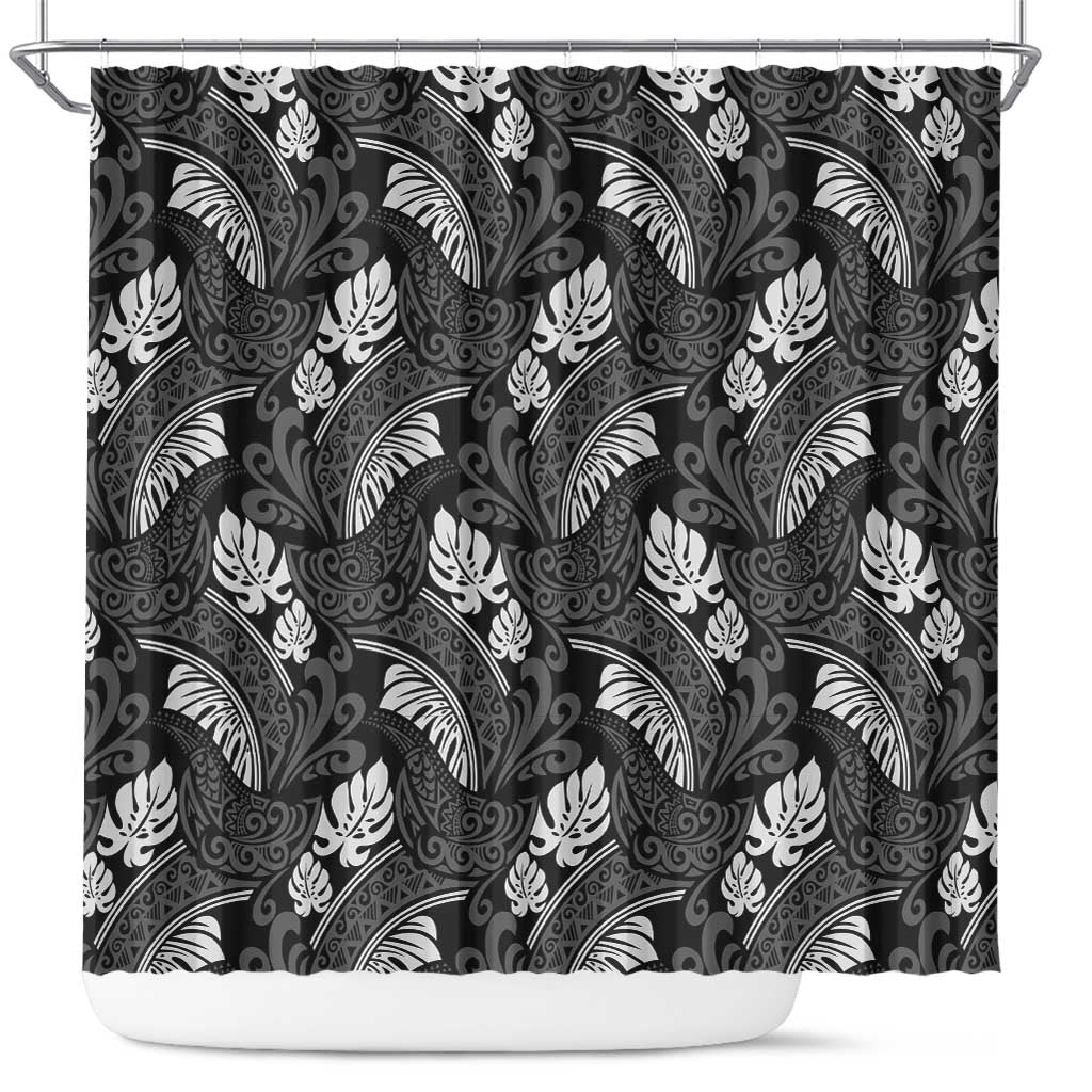 Grayscale Monstera Shower Curtain Polynesian Tribal Pattern LT01 Black - Polynesian Pride