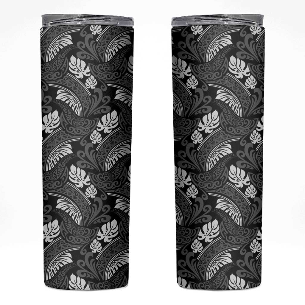 Grayscale Monstera Skinny Tumbler Polynesian Tribal Pattern LT01 Black - Polynesian Pride