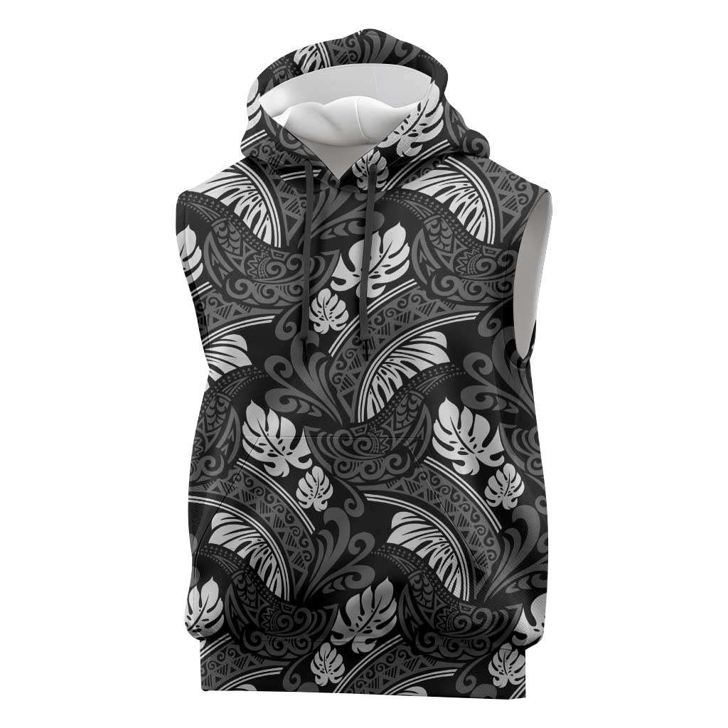Grayscale Monstera Sleeveless Hoodie Polynesian Tribal Pattern LT01 Black - Polynesian Pride