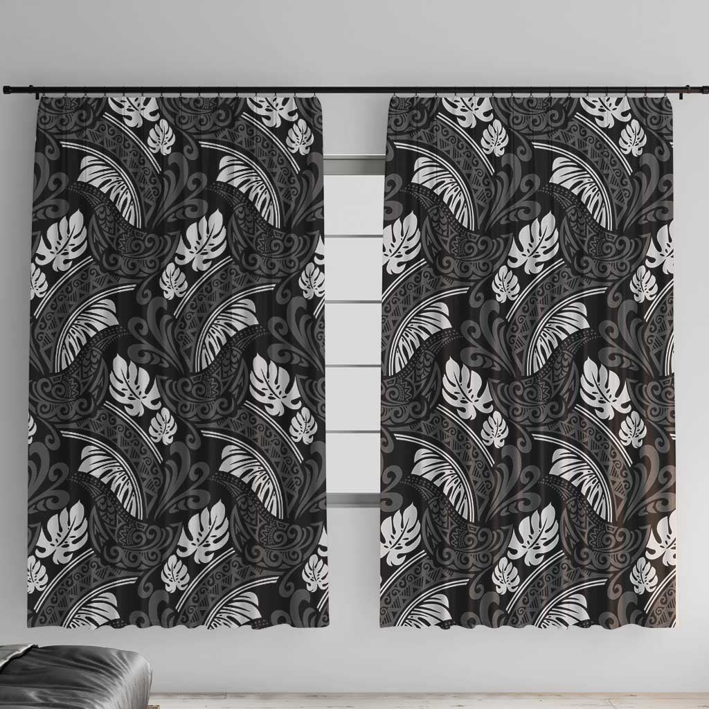 Grayscale Monstera Window Curtain Polynesian Tribal Pattern LT01 With Hooks Black - Polynesian Pride