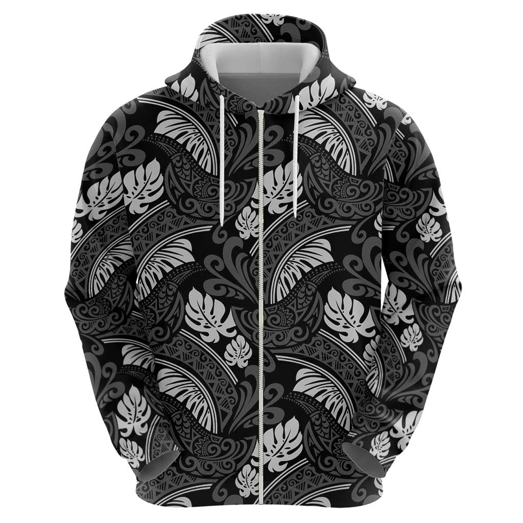 Grayscale Monstera Zip Hoodie Polynesian Tribal Pattern - Polynesian Pride