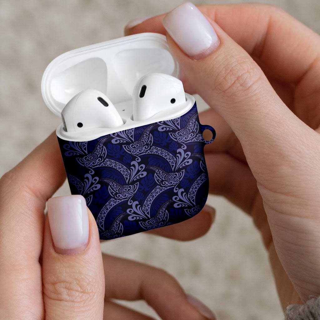Deep Blue Monstera AirPods Case Polynesian Tribal Pattern - Polynesian Pride