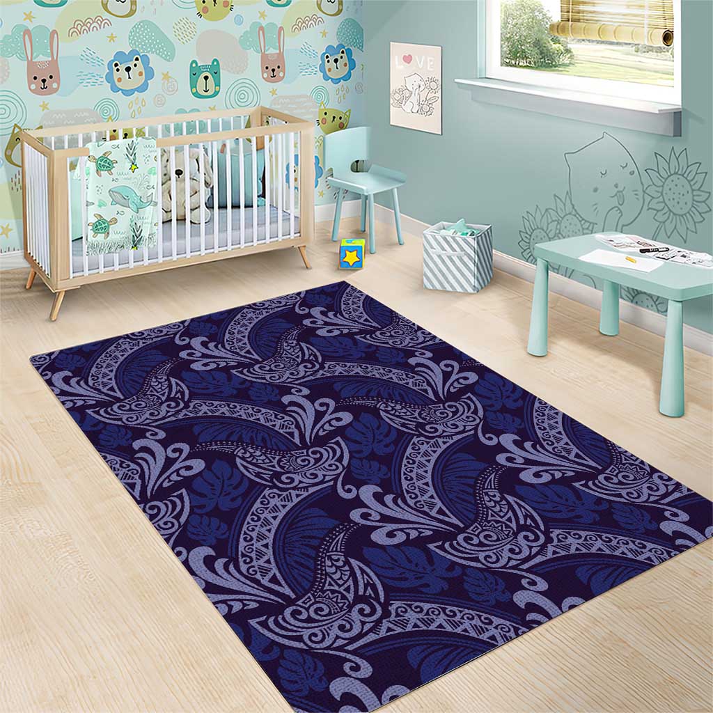 Deep Blue Monstera Area Rug Polynesian Tribal Pattern - Polynesian Pride