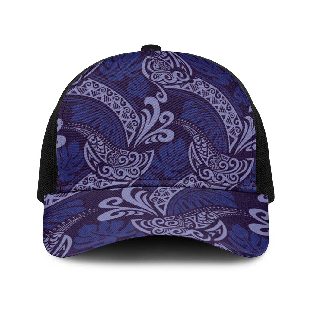 Deep Blue Monstera Baseball Net Cap Polynesian Tribal Pattern - Polynesian Pride