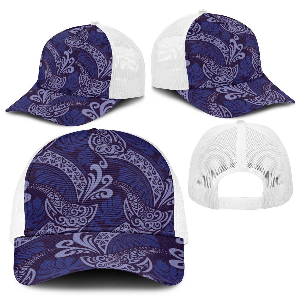 Deep Blue Monstera Baseball Net Cap Polynesian Tribal Pattern - Polynesian Pride