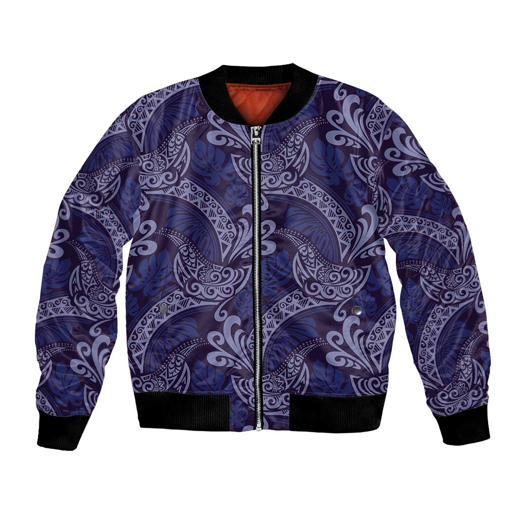Deep Blue Monstera Bomber Jacket Polynesian Tribal Pattern LT01 Unisex Blue - Polynesian Pride