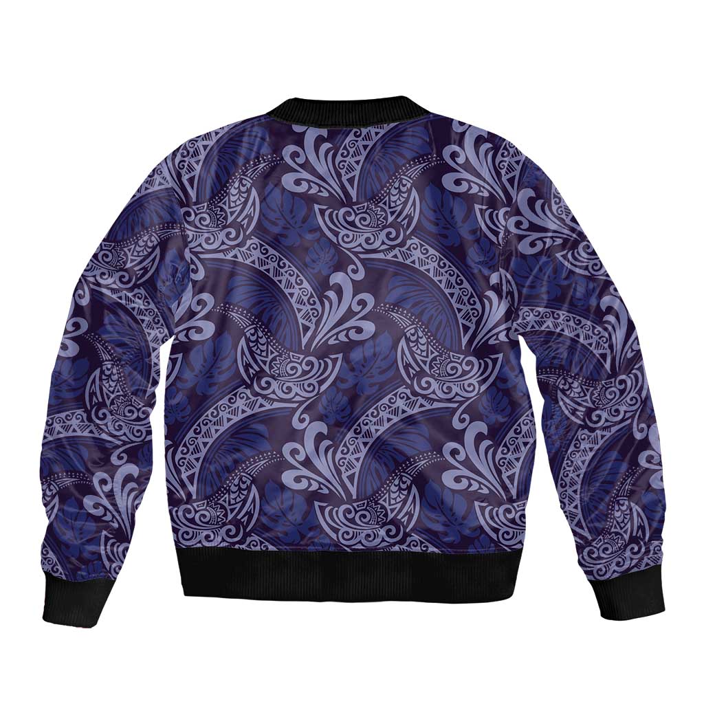 Deep Blue Monstera Bomber Jacket Polynesian Tribal Pattern LT01 - Polynesian Pride