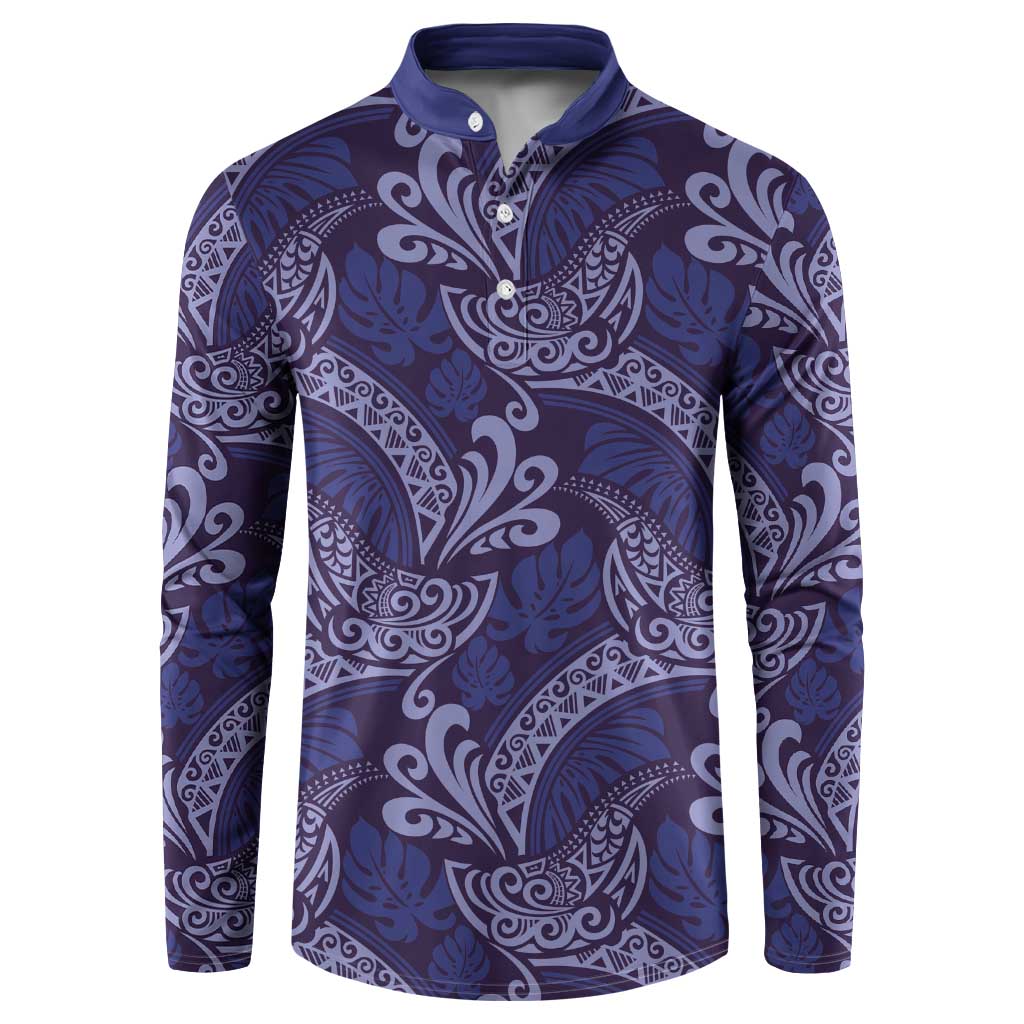 Deep Blue Monstera Button Sweatshirt Polynesian Tribal Pattern LT01 Blue - Polynesian Pride