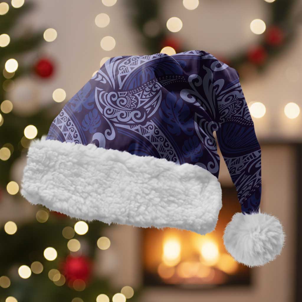 Deep Blue Monstera Christmas Santa Hat Polynesian Tribal Pattern - Polynesian Pride