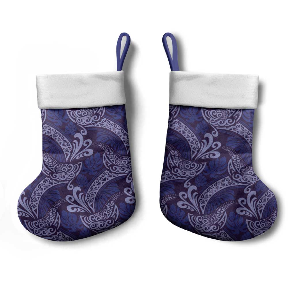 Deep Blue Monstera Christmas Stocking Polynesian Tribal Pattern - Polynesian Pride