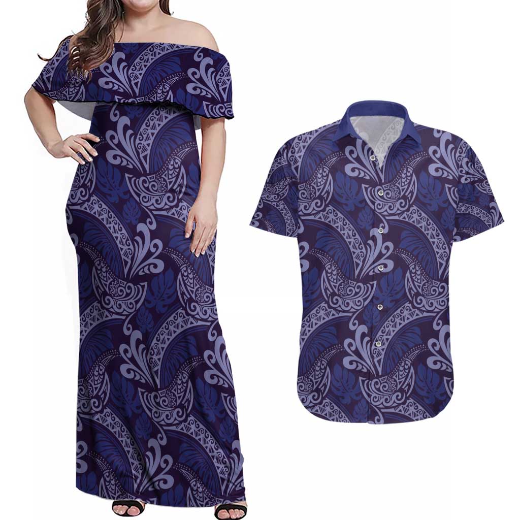 Deep Blue Monstera Couples Matching Off Shoulder Maxi Dress and Hawaiian Shirt Polynesian Tribal Pattern LT01 Blue - Polynesian Pride