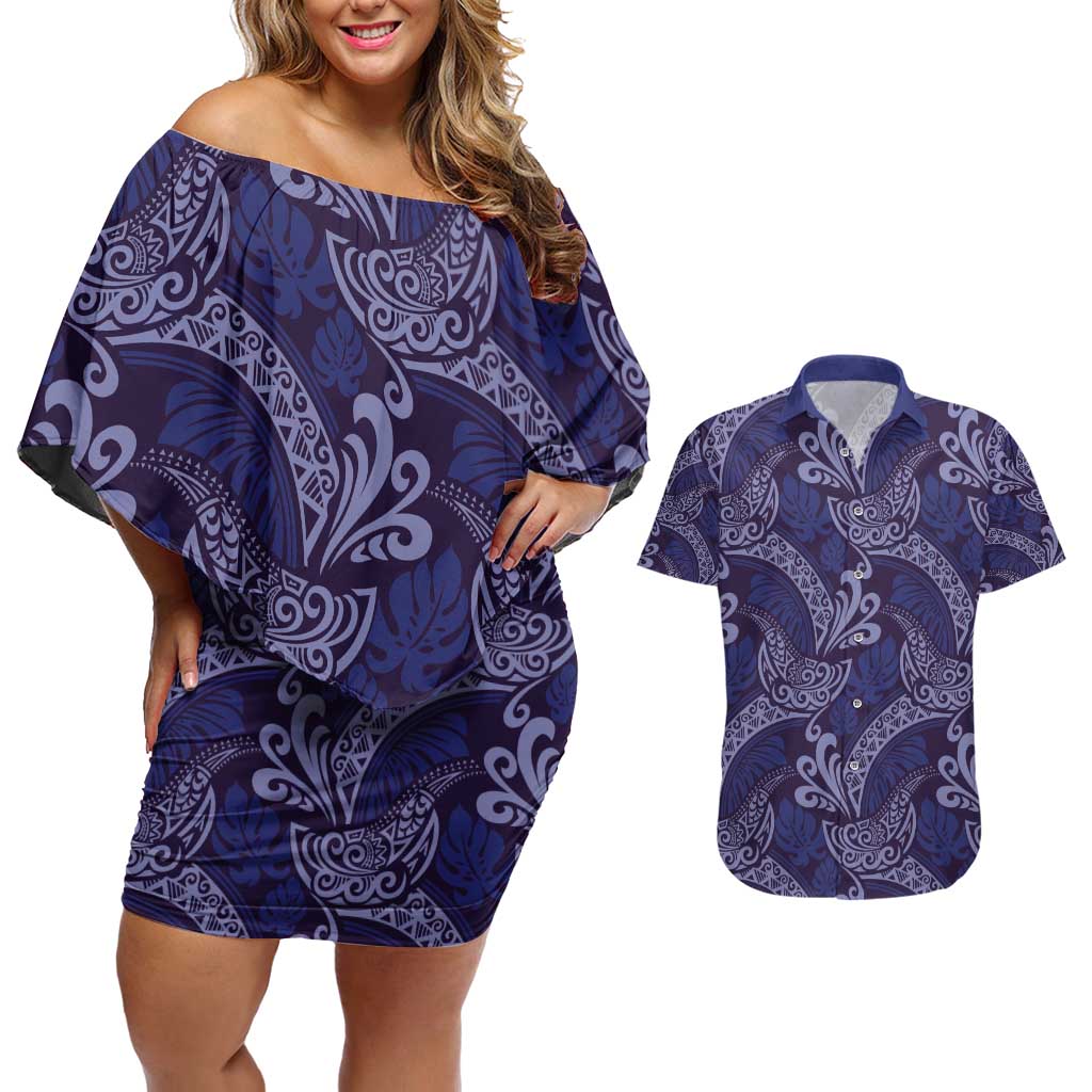 Deep Blue Monstera Couples Matching Off Shoulder Short Dress and Hawaiian Shirt Polynesian Tribal Pattern LT01 Blue - Polynesian Pride