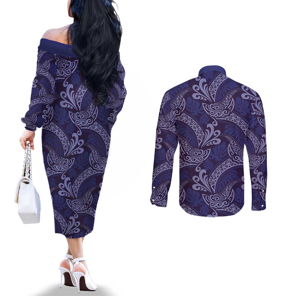 Deep Blue Monstera Couples Matching Off The Shoulder Long Sleeve Dress and Long Sleeve Button Shirt Polynesian Tribal Pattern LT01 - Polynesian Pride