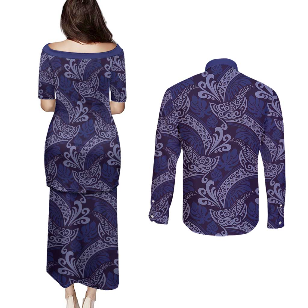 Deep Blue Monstera Couples Matching Puletasi and Long Sleeve Button Shirt Polynesian Tribal Pattern - Polynesian Pride