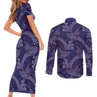 Deep Blue Monstera Couples Matching Short Sleeve Bodycon Dress and Long Sleeve Button Shirt Polynesian Tribal Pattern LT01 - Polynesian Pride