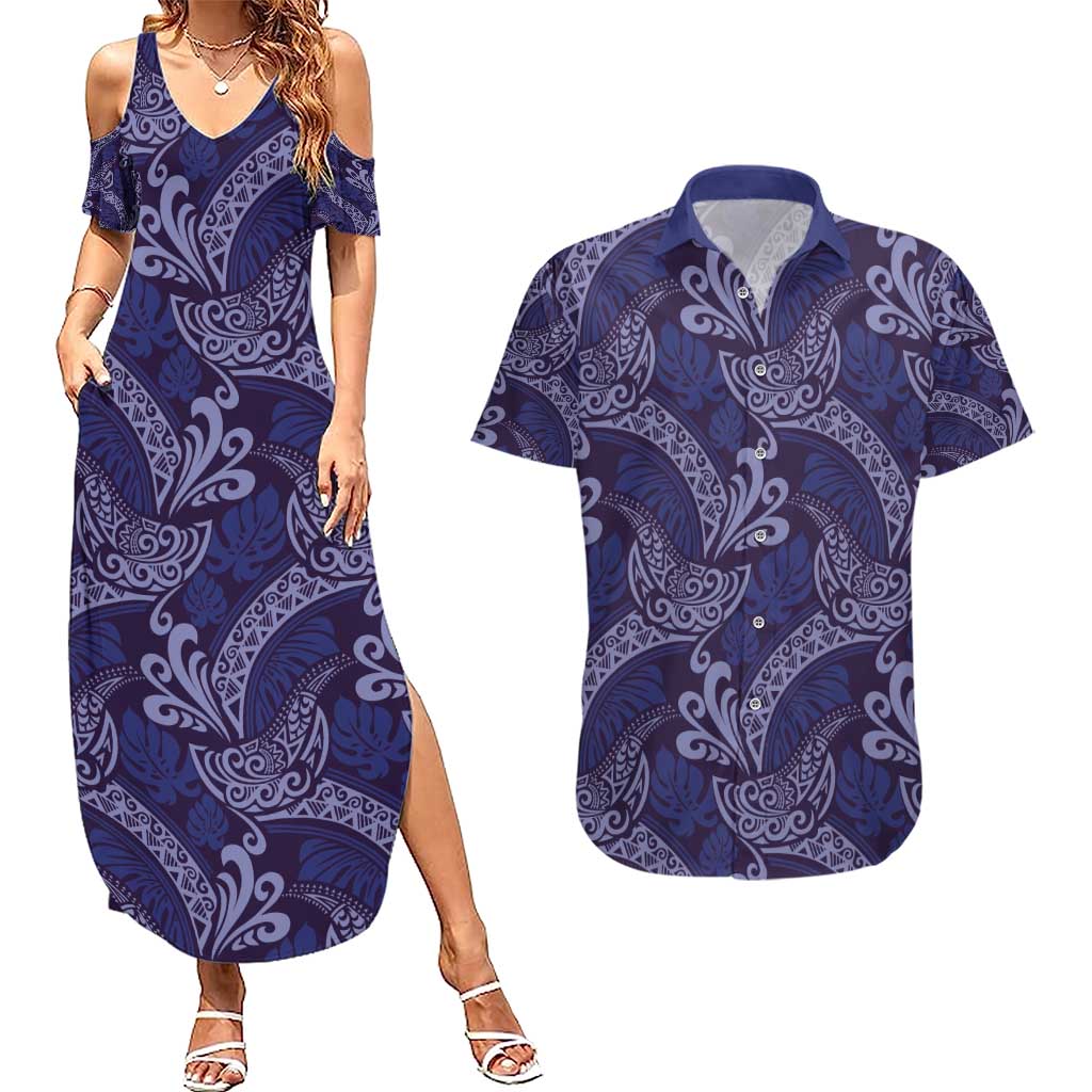 Deep Blue Monstera Couples Matching Summer Maxi Dress and Hawaiian Shirt Polynesian Tribal Pattern LT01 Blue - Polynesian Pride