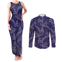 Deep Blue Monstera Couples Matching Tank Maxi Dress and Long Sleeve Button Shirt Polynesian Tribal Pattern - Polynesian Pride