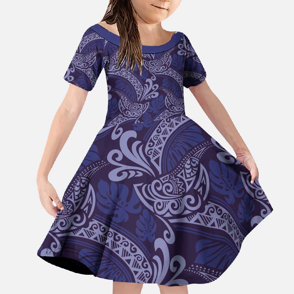 Deep Blue Monstera Family Matching Long Sleeve Bodycon Dress and Hawaiian Shirt Polynesian Tribal Pattern - Polynesian Pride