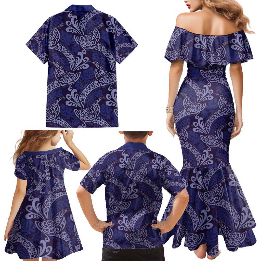 Deep Blue Monstera Family Matching Mermaid Dress and Hawaiian Shirt Polynesian Tribal Pattern LT01 - Polynesian Pride