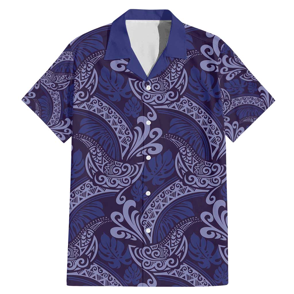 Deep Blue Monstera Family Matching Mermaid Dress and Hawaiian Shirt Polynesian Tribal Pattern LT01 Dad's Shirt - Short Sleeve Blue - Polynesian Pride