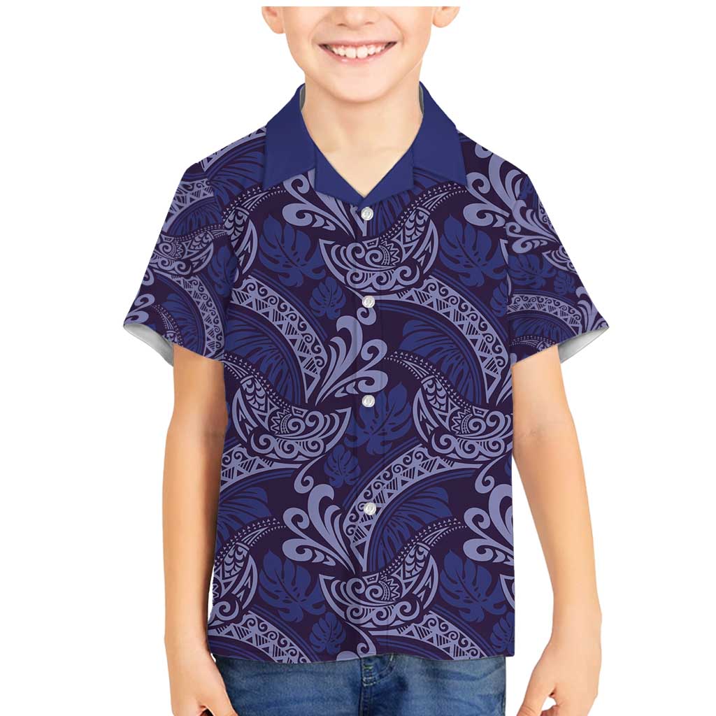 Deep Blue Monstera Family Matching Mermaid Dress and Hawaiian Shirt Polynesian Tribal Pattern LT01 Son's Shirt Blue - Polynesian Pride