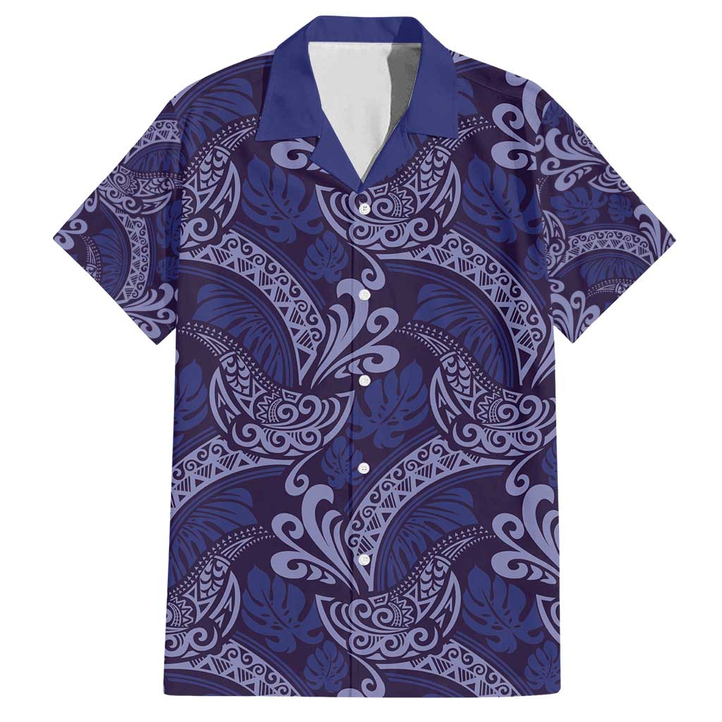 Deep Blue Monstera Family Matching Off Shoulder Short Dress and Hawaiian Shirt Polynesian Tribal Pattern - Polynesian Pride