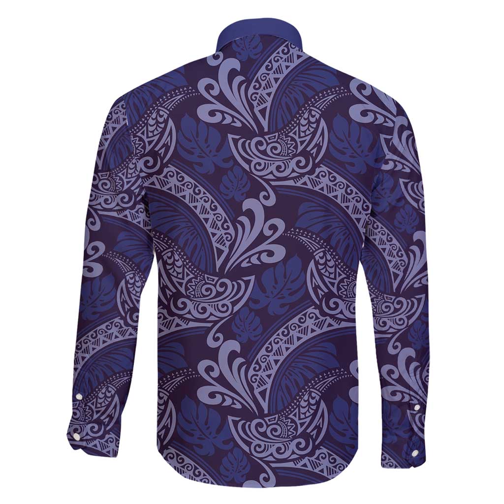 Deep Blue Monstera Family Matching Off Shoulder Short Dress and Hawaiian Shirt Polynesian Tribal Pattern - Polynesian Pride